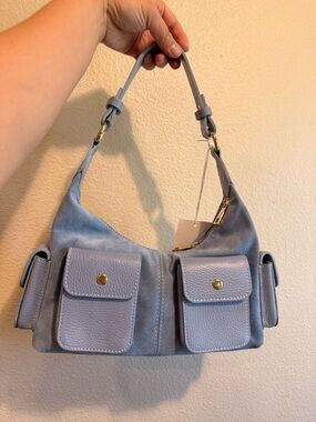 Powder Blue Suede Shoulder Bag with Front Flap Pockets